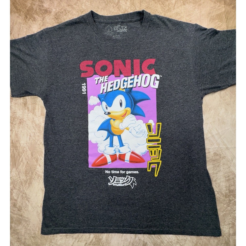 Sonic the Hedgehog T-Shirt Gray Mens Size M No Time For Games Kanji 1991 Sega